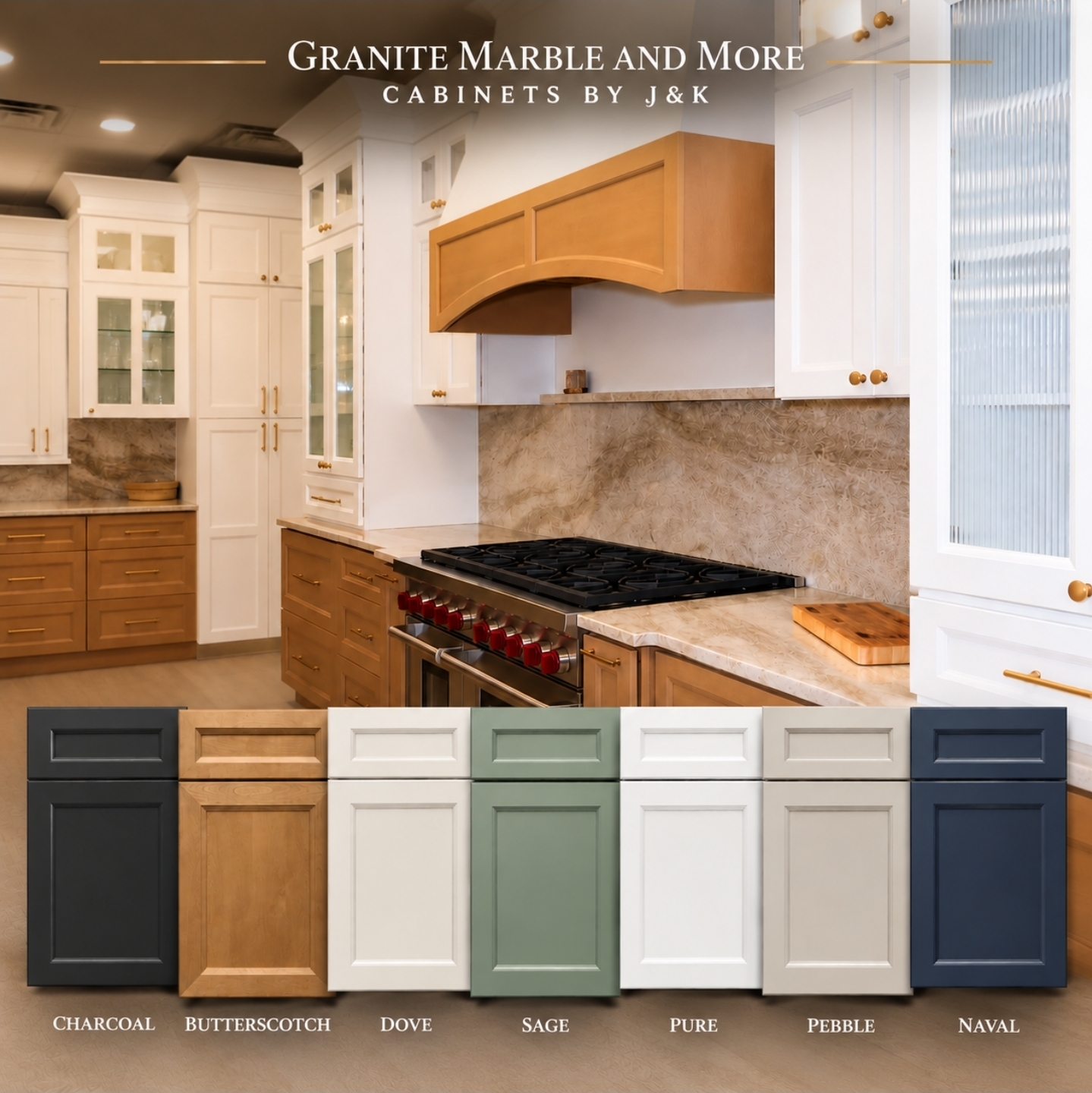 J&K cabinet door colors: Charcoal, Butterscotch, Dove, Sage, Pure, Pebble, and Naval